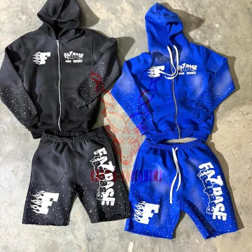 Custom black and royal blue fleece full-zip hoodies with matching shorts, featuring rhinestone sleeve details, chest graphics, and raw-edge hems