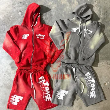 Custom sun-faded spray-washed zip hoodies and matching fleece shorts with rhinestone embellishments, chest graphics, and raw hems