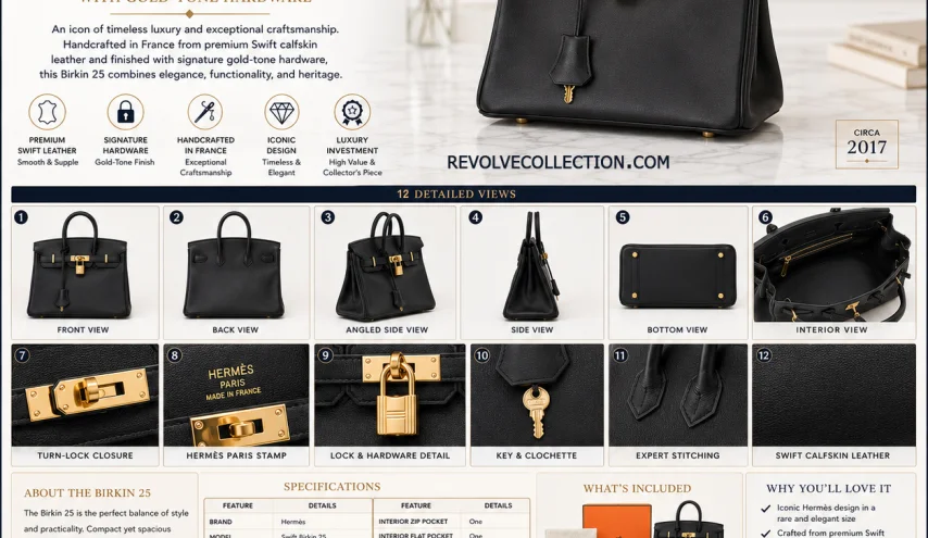 Hermès Swift Birkin 25 Handbag in Black Swift Calfskin Leather with Gold‑Tone Hardware