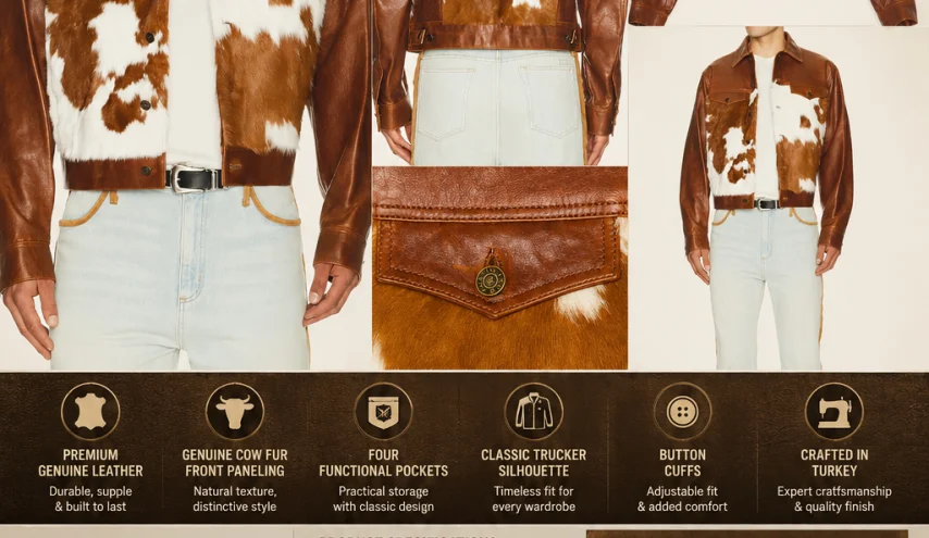 Leather Trucker Jacket in Premium Leather with Cow Fur Paneling